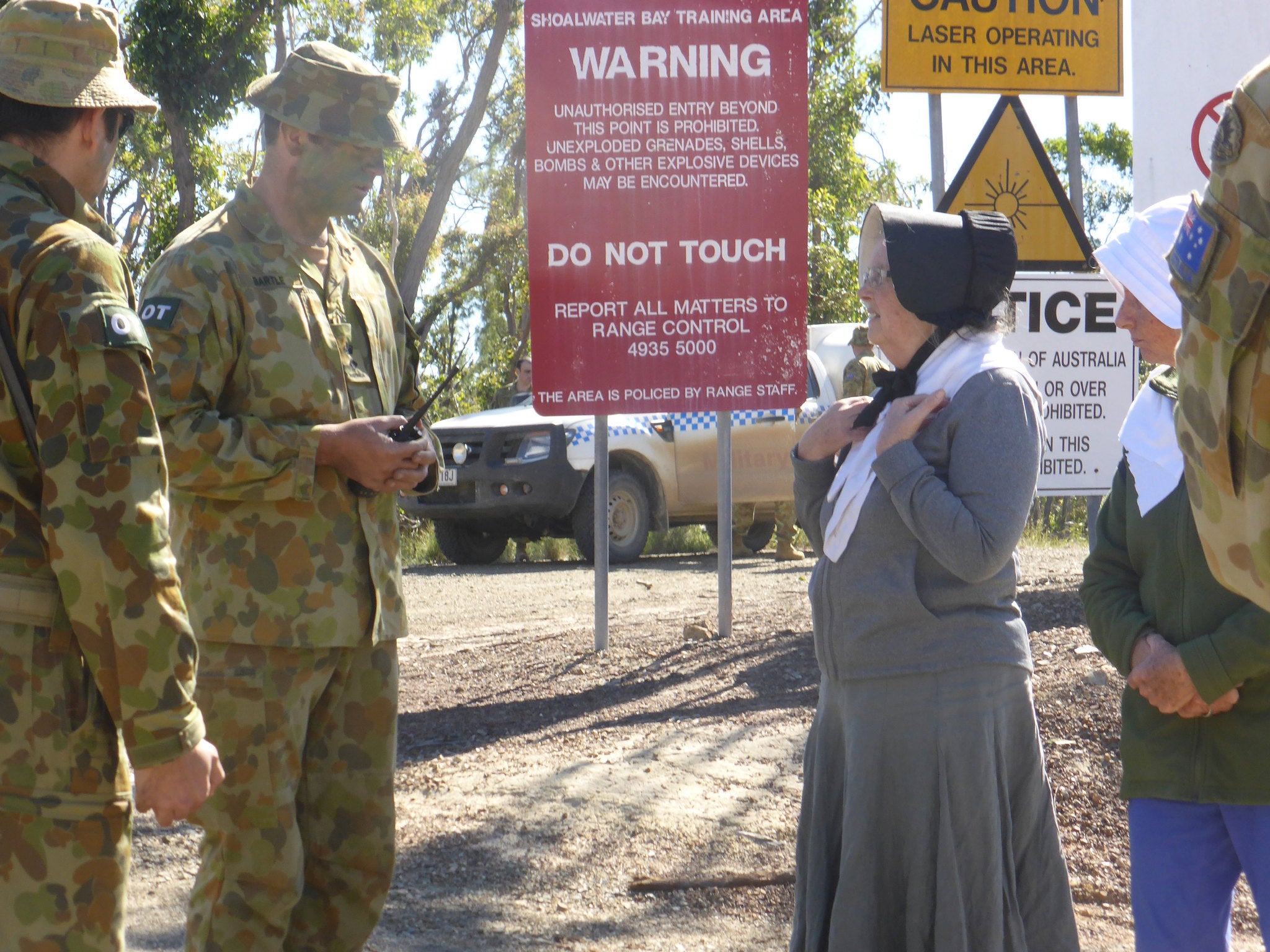 The grannies were arrested for trespassing after refusing to move from a road to the army base