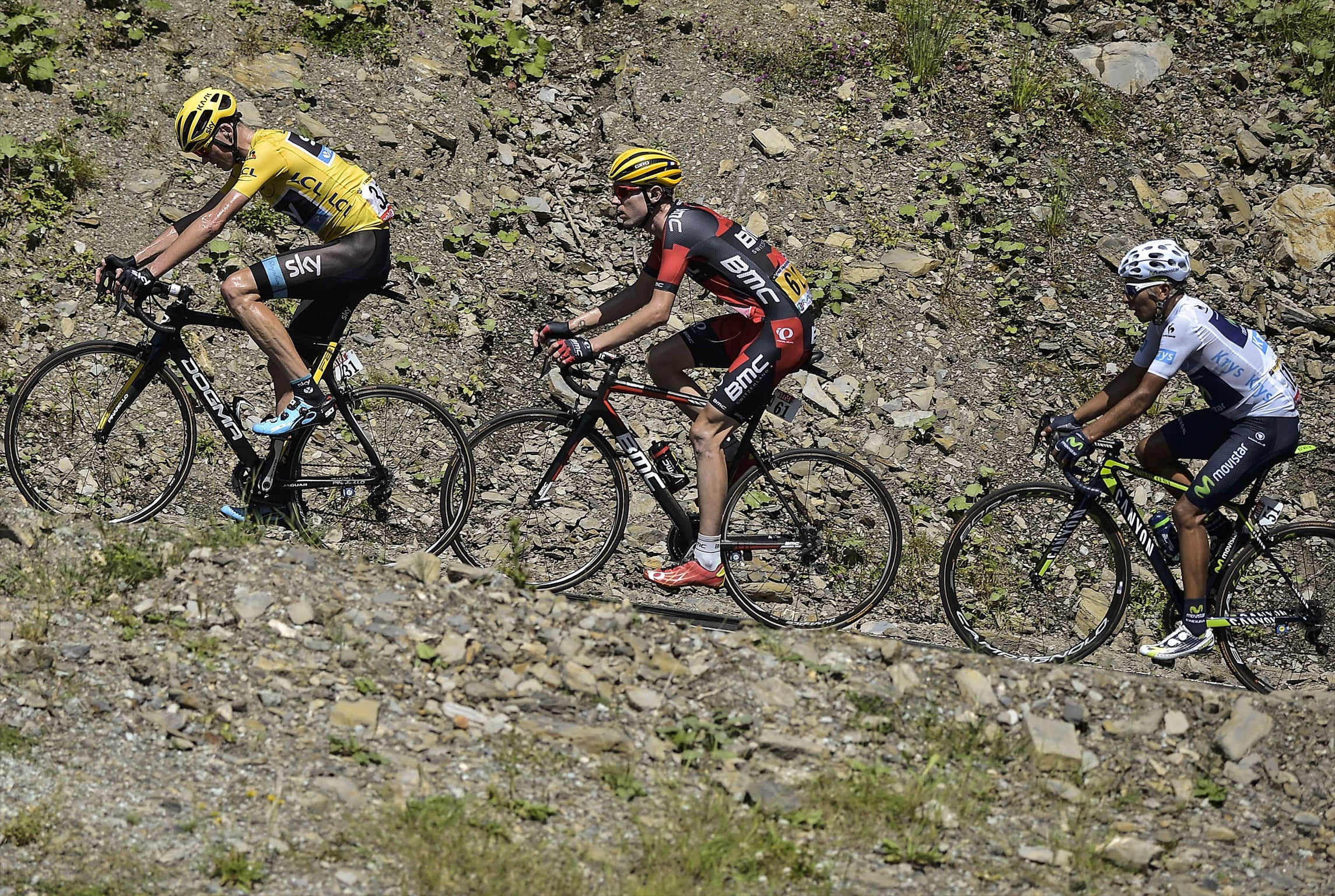 Chris Froome, Tejay Van Garderen, and Nairo Quintana climb a hill during Tuesday's 167 km stage (Getty)