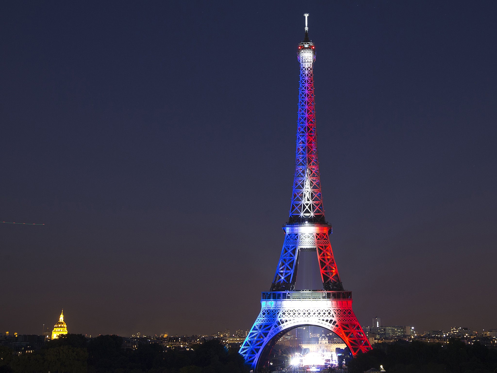 Eiffel Tower lights up with the national flag's colours