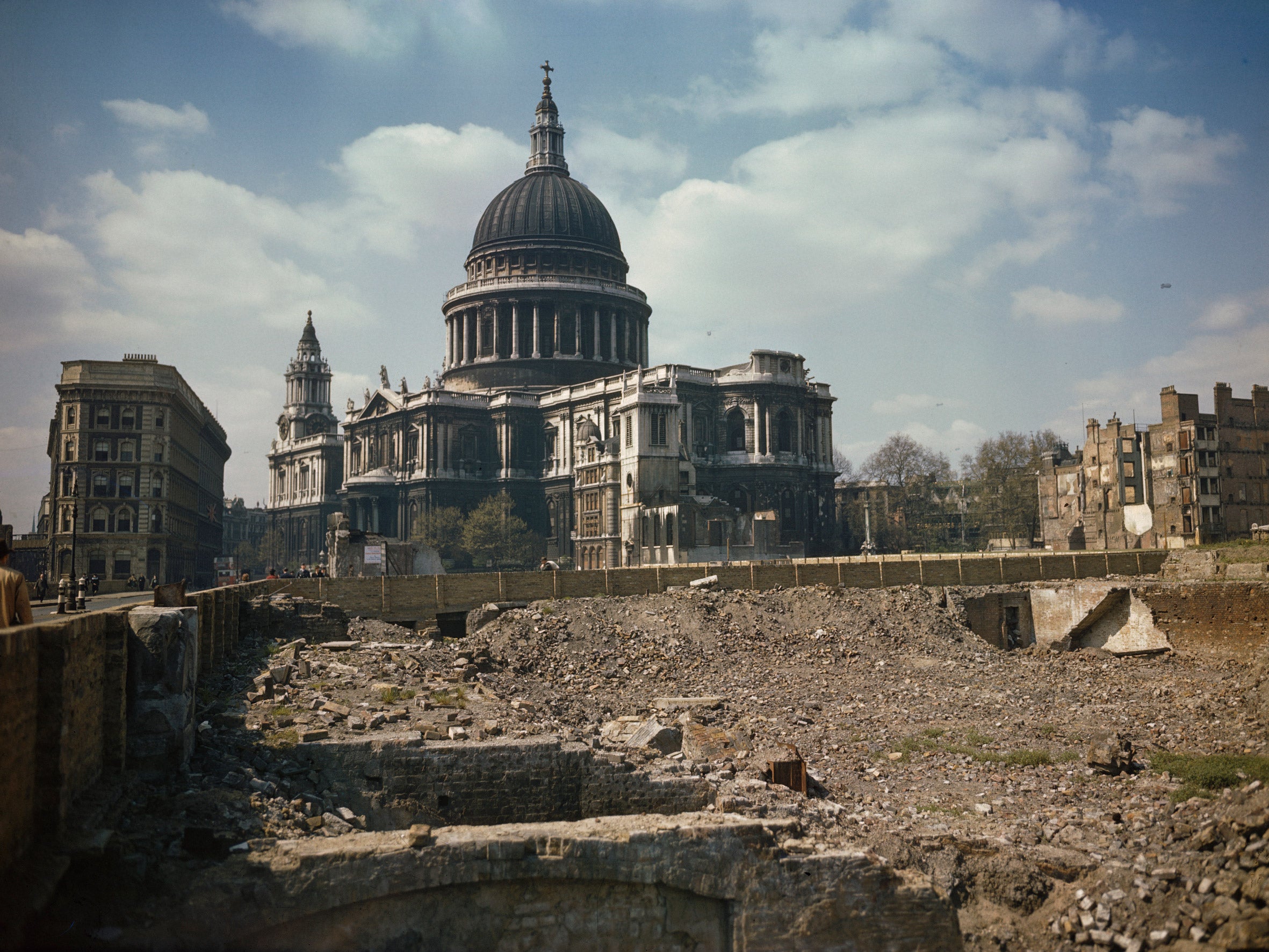 View of St Paul's Cathedral and the bomb damaged areas surrounding it in London