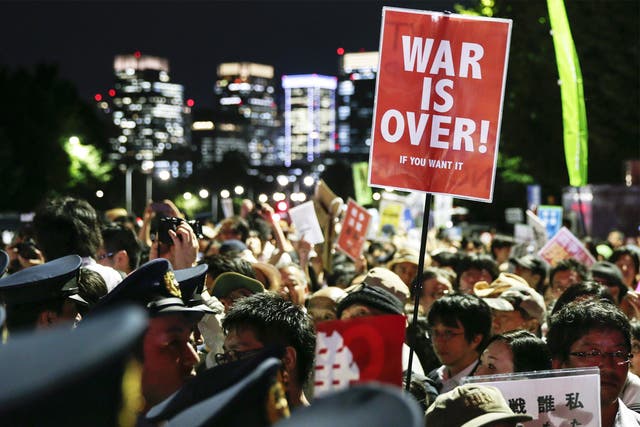 Protesters outside Japan’s parliament in Tokyo