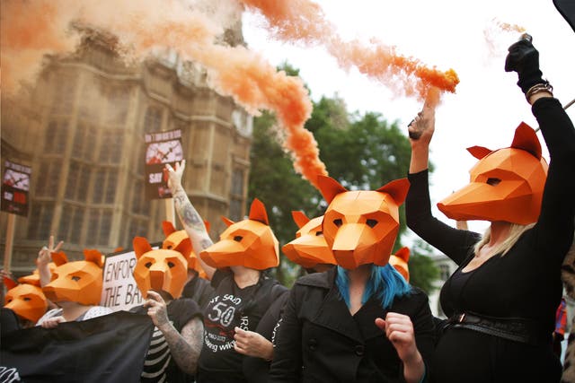 Anti-foxhunting protesters let off flares outside the Houses of Parliament