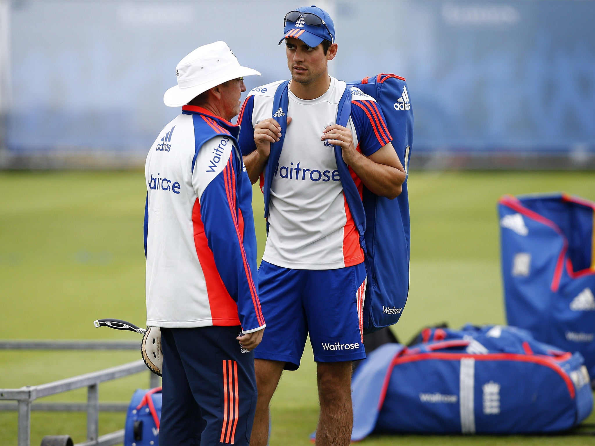 England captain Alastair Cook talks things over with coach Trevor Bayliss at Lord’s on Wednesday
