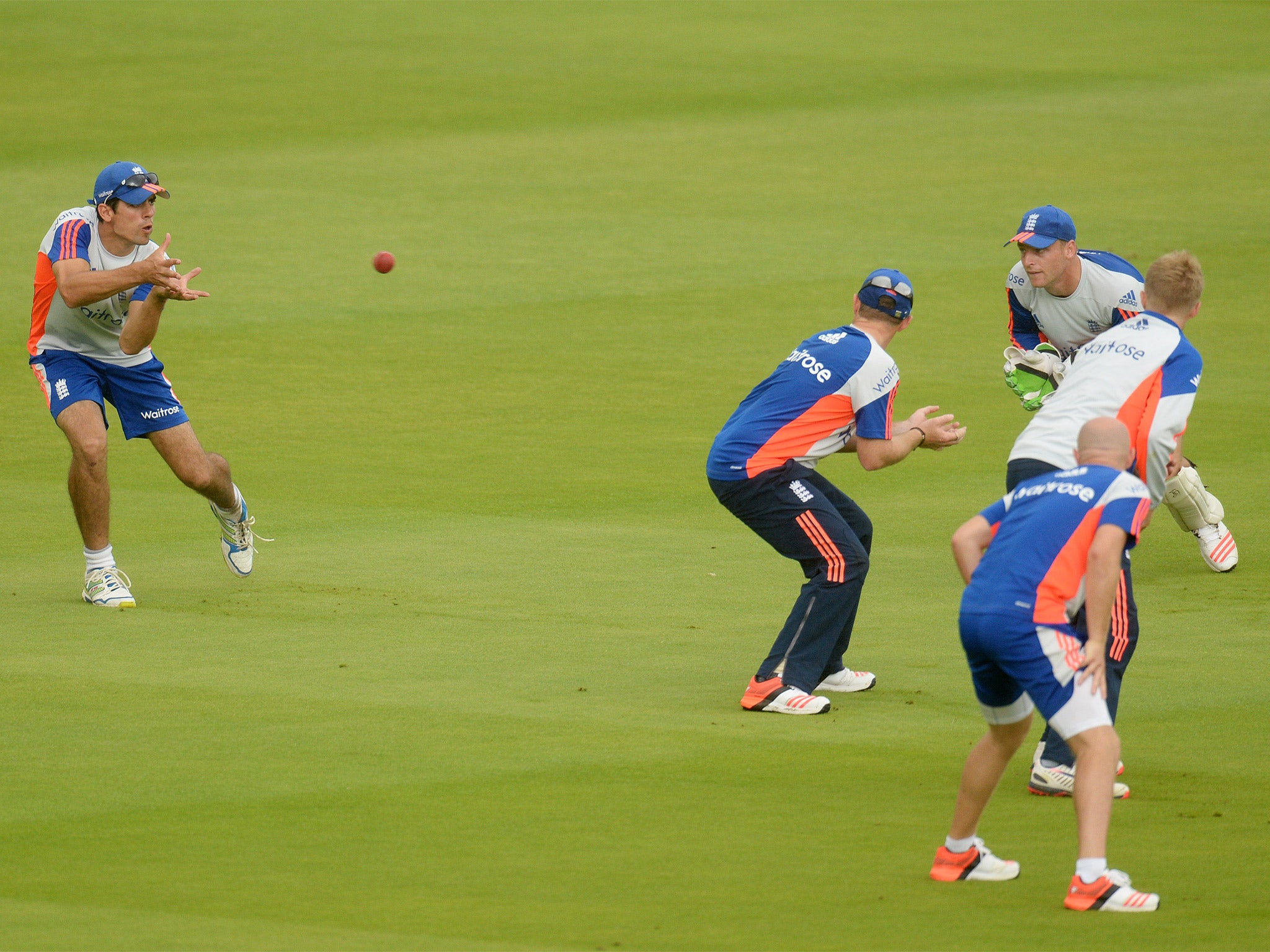 England captain Alastair Cook fields the ball in the slips during a nets session ahead of the second test