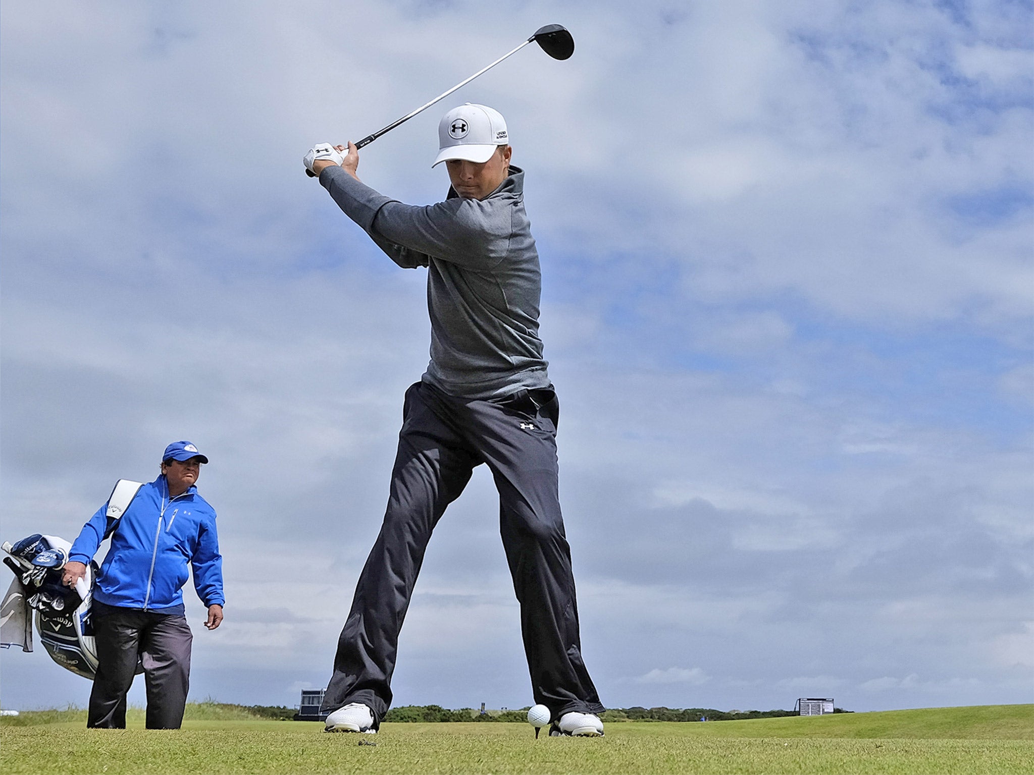 Jordan Spieth drives from the 12th tee during practice at St Andrews