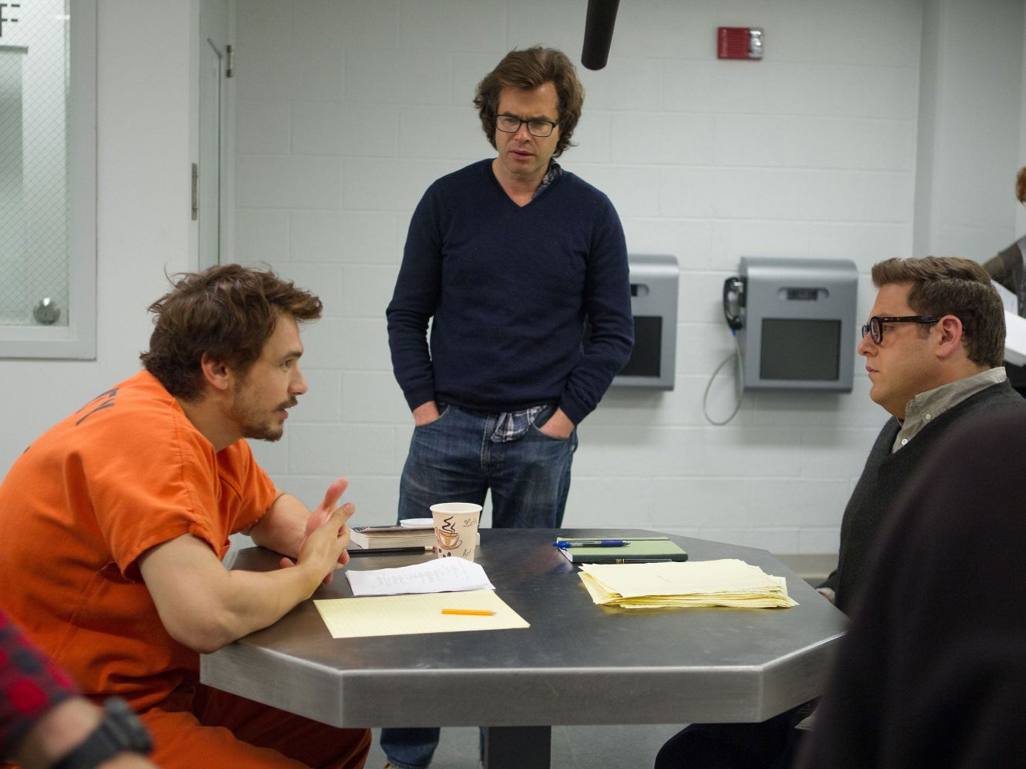 James Franco, director Rupert Goold and Jonah Hill on the set of True Story