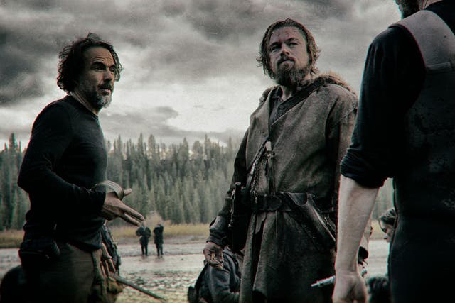 Leonardo DiCaprio filming The Revenant with Alejandro Gonzalez Inarritu