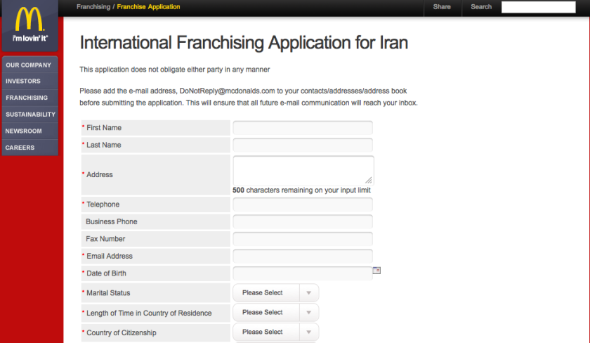 An application form for an McDonad's franchise in Iran