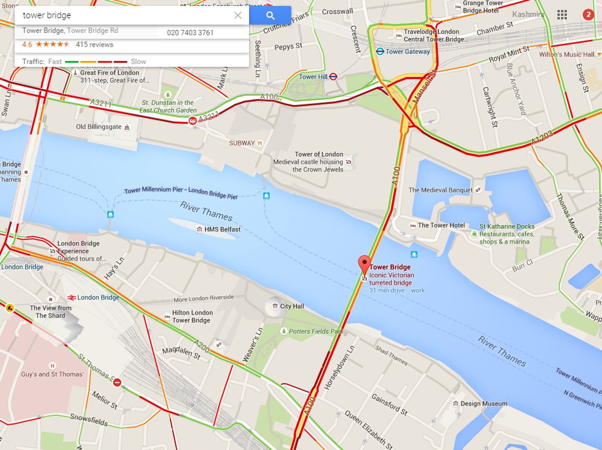 Map showing the traffic around Tower Bridge following the incident