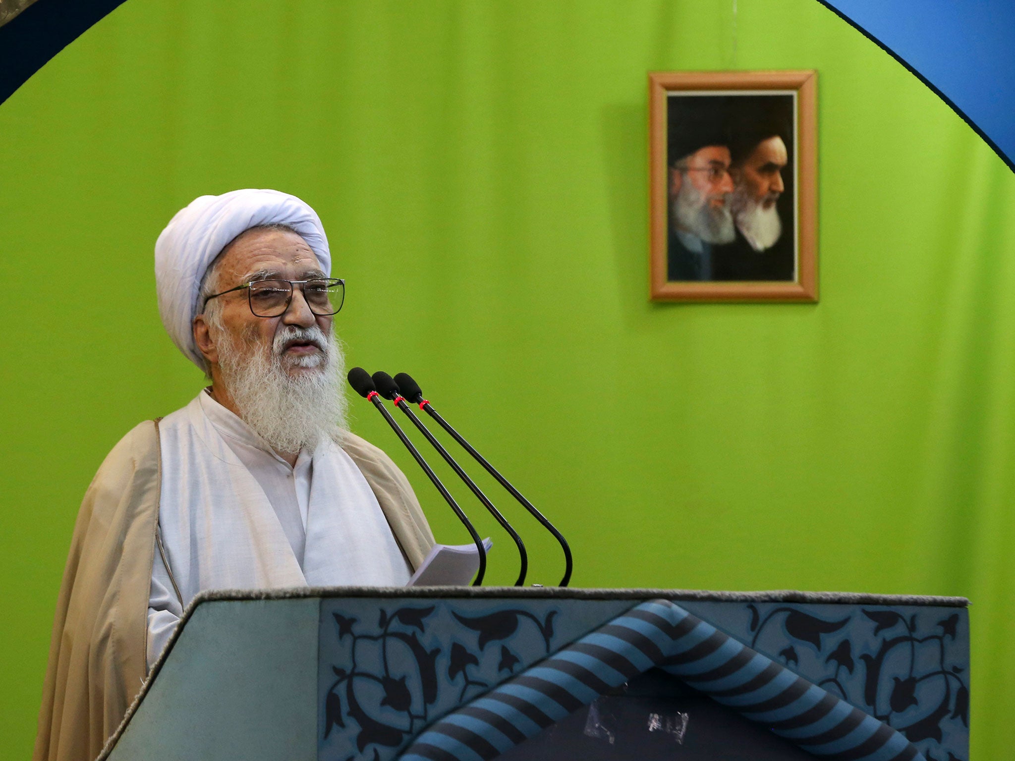 Iranian conservative cleric Ayatollah Mohammad Ali Movahedi Kermani delivers his sermon during Friday prayer service at the Tehran University campus