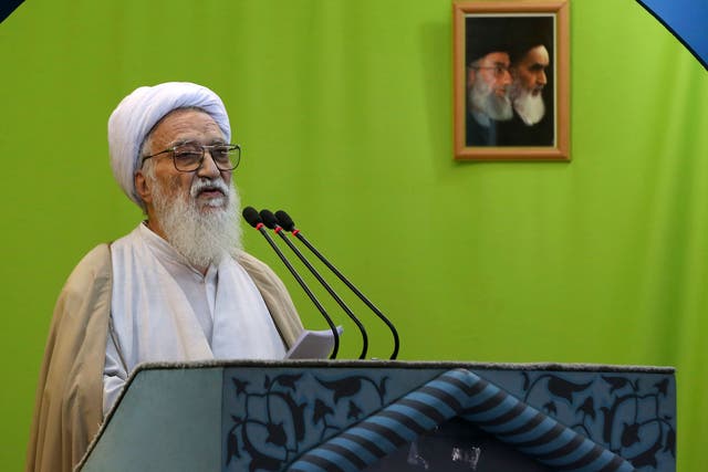 Iranian conservative cleric Ayatollah Mohammad Ali Movahedi Kermani delivers his sermon during Friday prayer service at the Tehran University campus