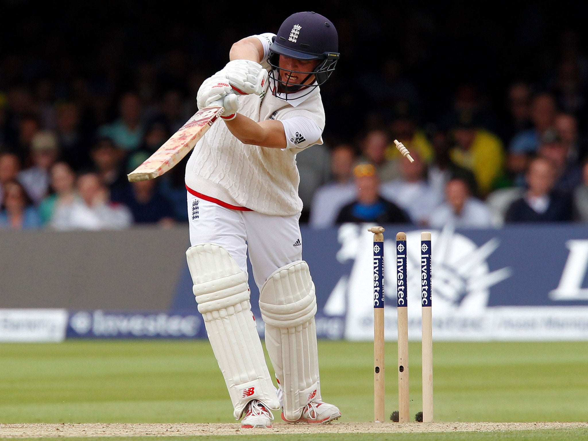 Bails fly as Englands Gary Ballance is bowled out by Australias Mitchell Johnson for 23 runs