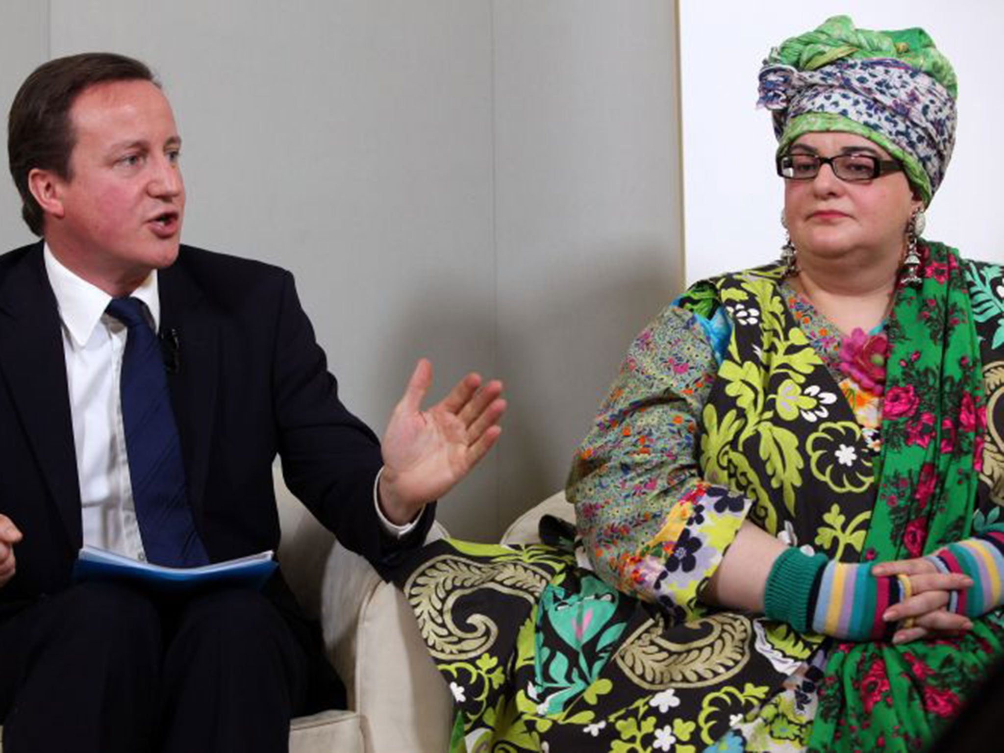 Conservative party leader David Cameron answers audience questions with Camila Batmanghelidjh, the founder of the charity 'Kids Company' (Getty)