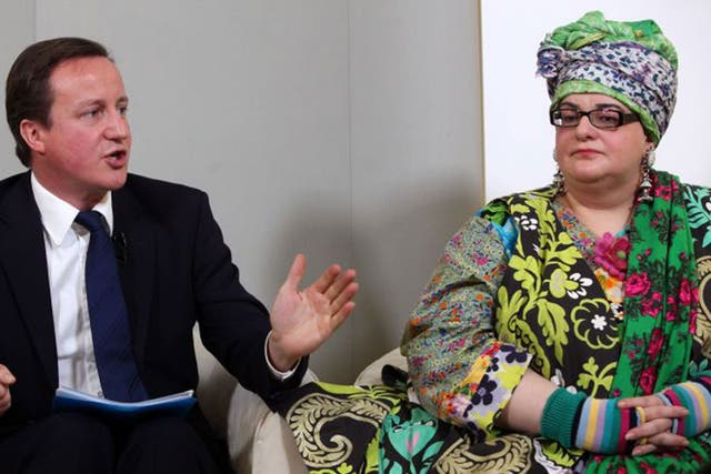Conservative party leader David Cameron answers audience questions with Camila Batmanghelidjh, the founder of the charity 'Kids Company' (Getty)