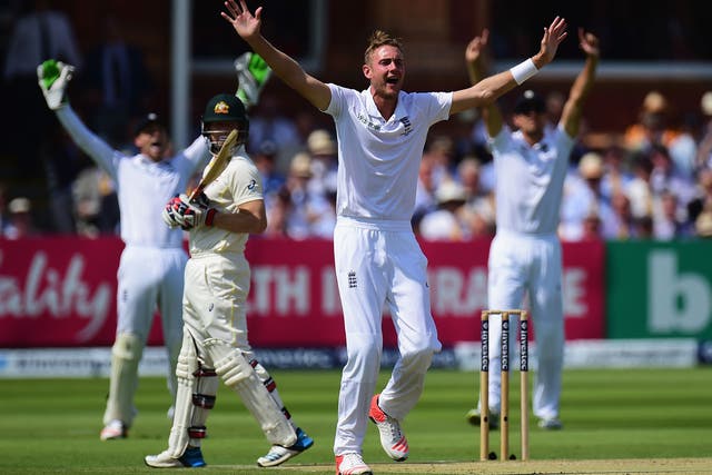 Stuart Broad of England appeals unsucessfully during day two of the 2nd Investec Ashes Test match between England and Australia 