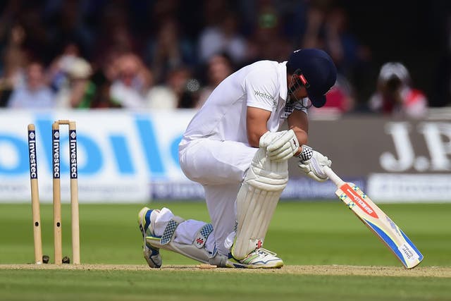 Alastair Cook is bowled by Mitchell Marsh