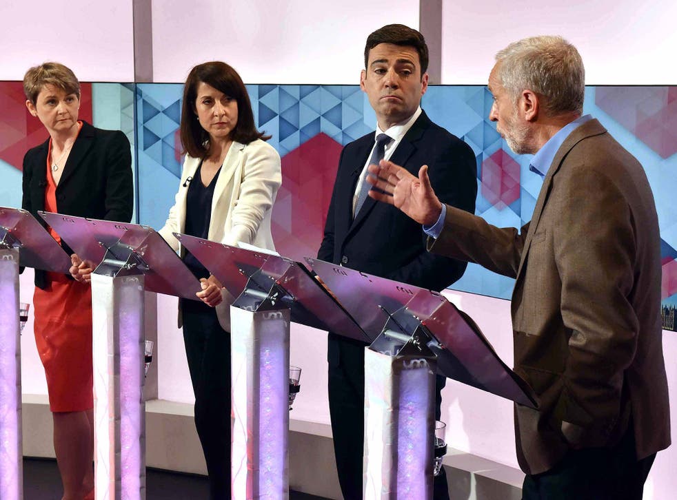 Labour leadership hopefuls, from left, Yvette Cooper, Liz Kendall, Andy Burnham and Jeremy Corbyn on the BBC