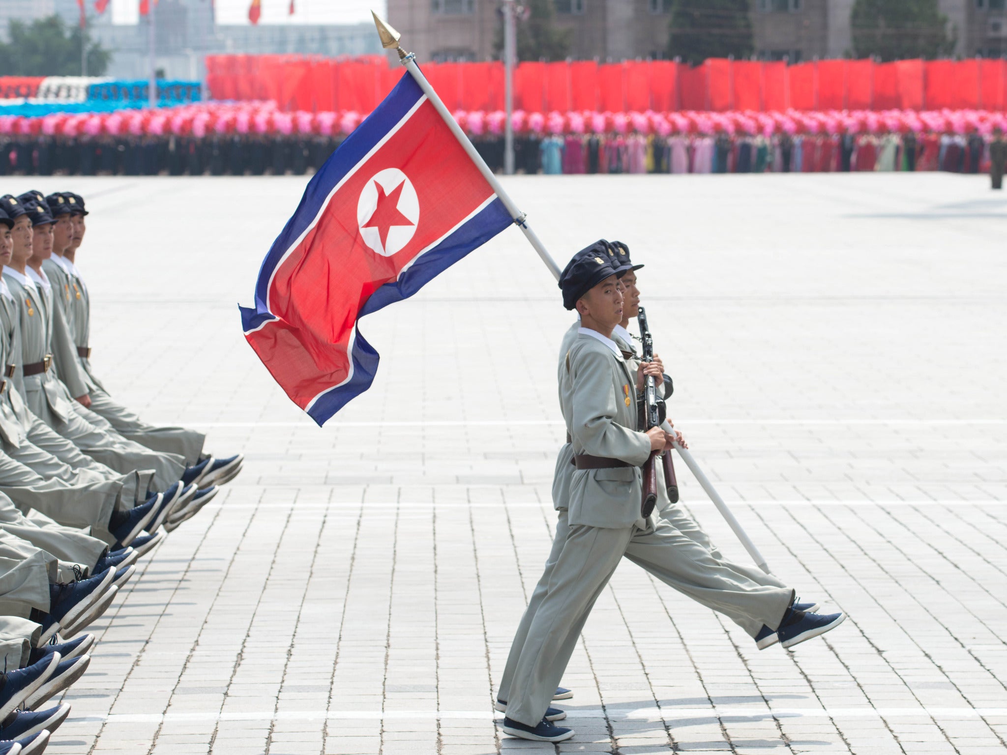 North Korean soldiers march in Kim Il-Sung square