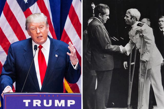 L: Donald Trump on the campaign trail; R: John McCain is greeted by President Richard Nixon in 1973