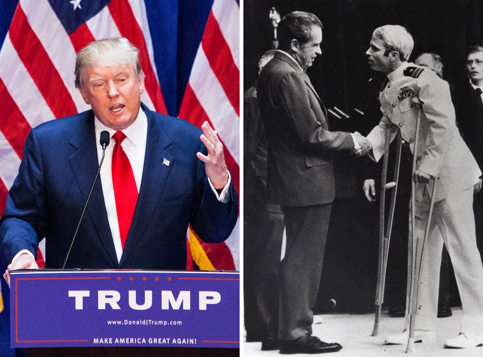 L: Donald Trump on the campaign trail; R: John McCain is greeted by President Richard Nixon in 1973