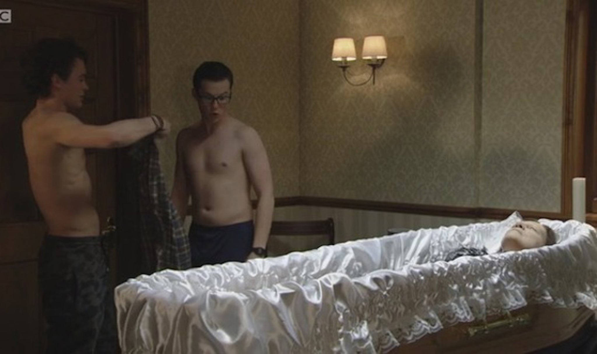 Paul Coker and Ben Mitchell get it on next to a dead body on EastEnders