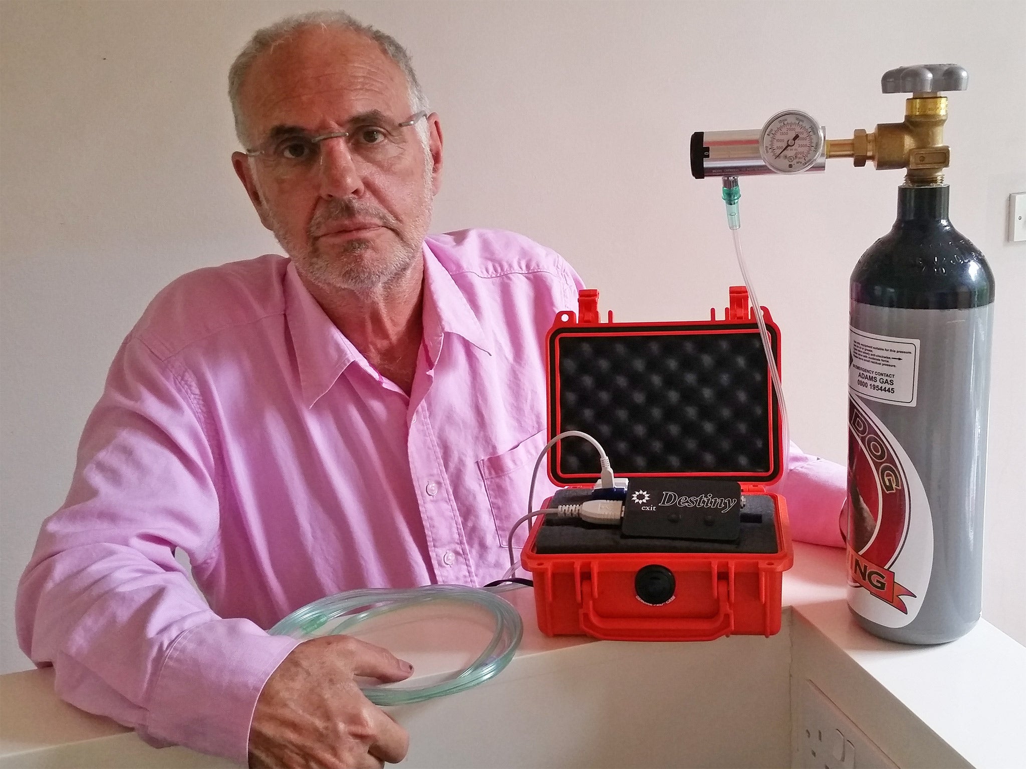 Philip Nitschke, nicknamed Dr Death, with a previous suicide device