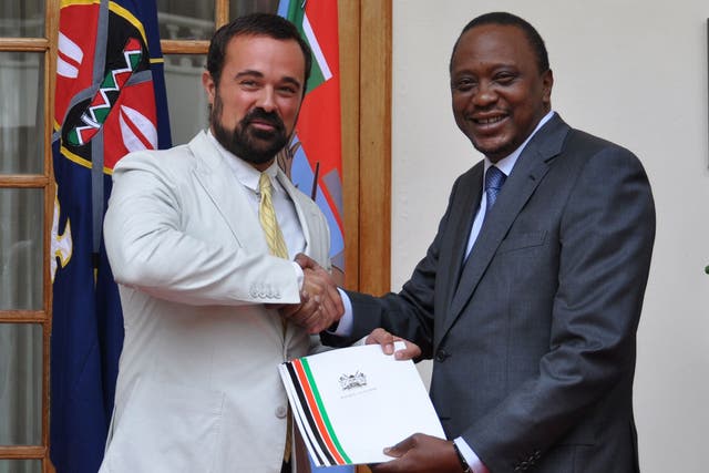 Evgeny Lebedev, patron of Space for Giants, with the Kenyan President, Uhuru Kenyatta, as he signs up to the Giants Club