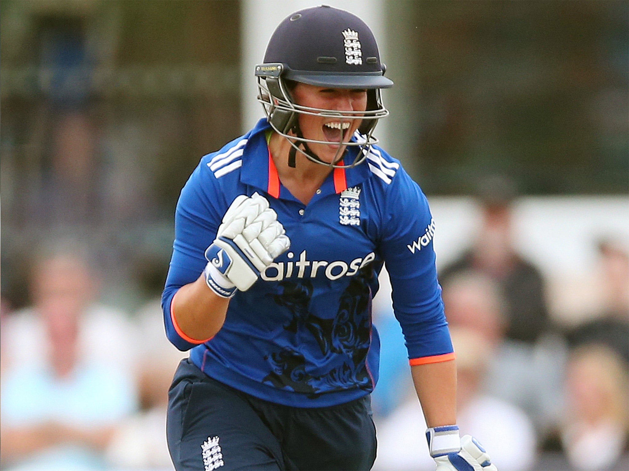 Georgia Elwiss celebrates after hitting the winning run at Taunton