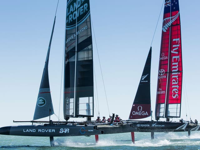 Sir Ben Ainslie, now skipper of his own Land Rover BAR America’s Cup challenger team, trains in the Solent against his former team mates, Emirates Team New Zealand, on the 45-foot cats that will be used in the warm-up regattas for 2017