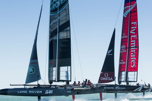 Sir Ben Ainslie, now skipper of his own Land Rover BAR America’s Cup challenger team, trains in the Solent against his former team mates, Emirates Team New Zealand, on the 45-foot cats that will be used in the warm-up regattas for 2017