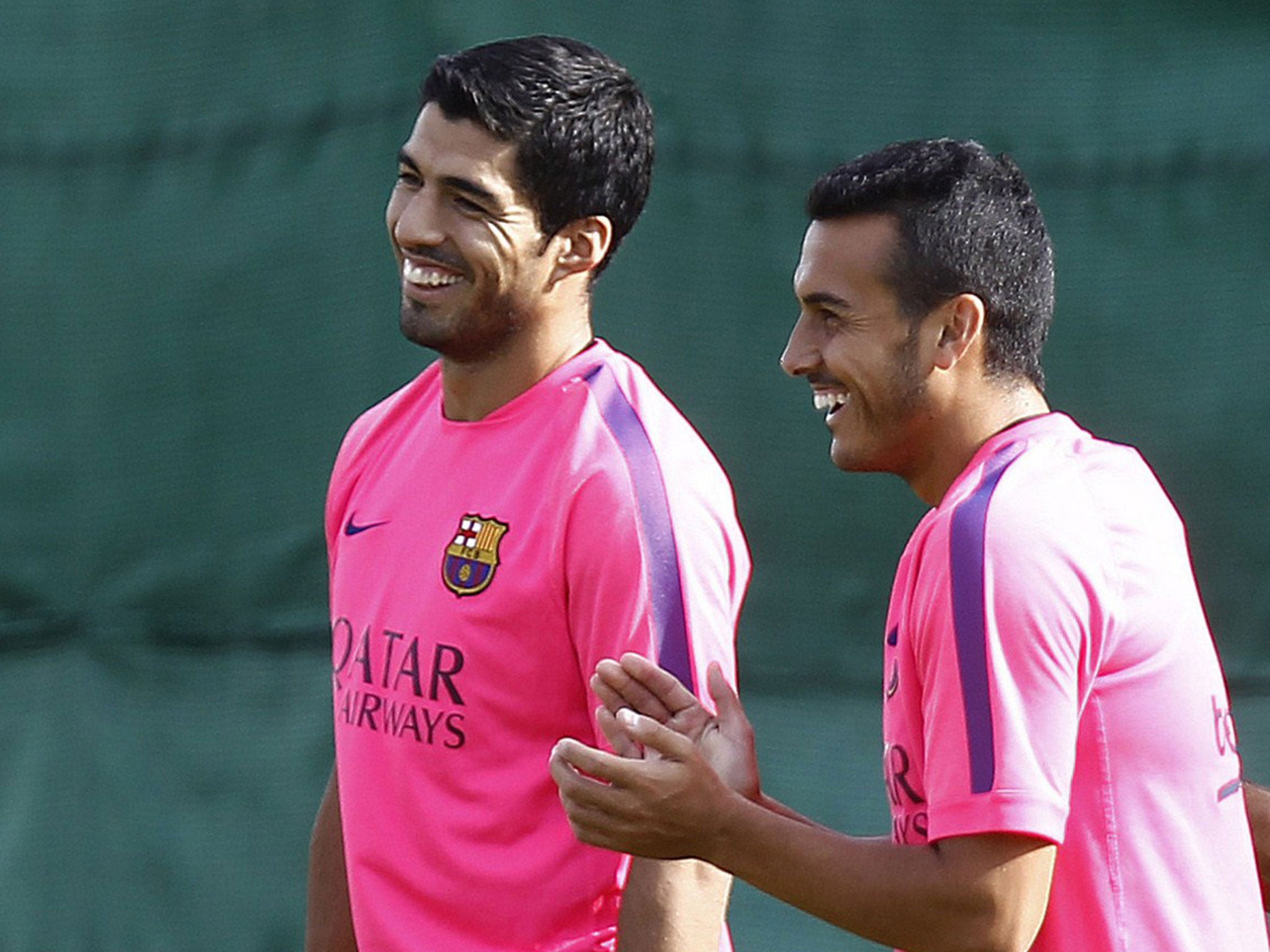 Luis Suarez and Pedro during Barcelona training