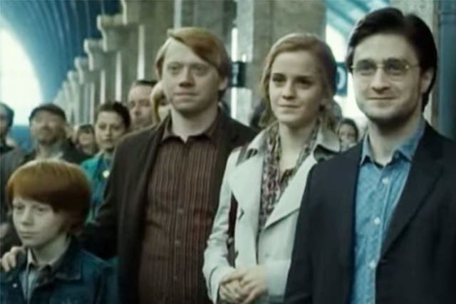 Ron Weasley, Hermione Granger and Harry Potter wave their children off to Hogwarts at the end of Harry Potter
