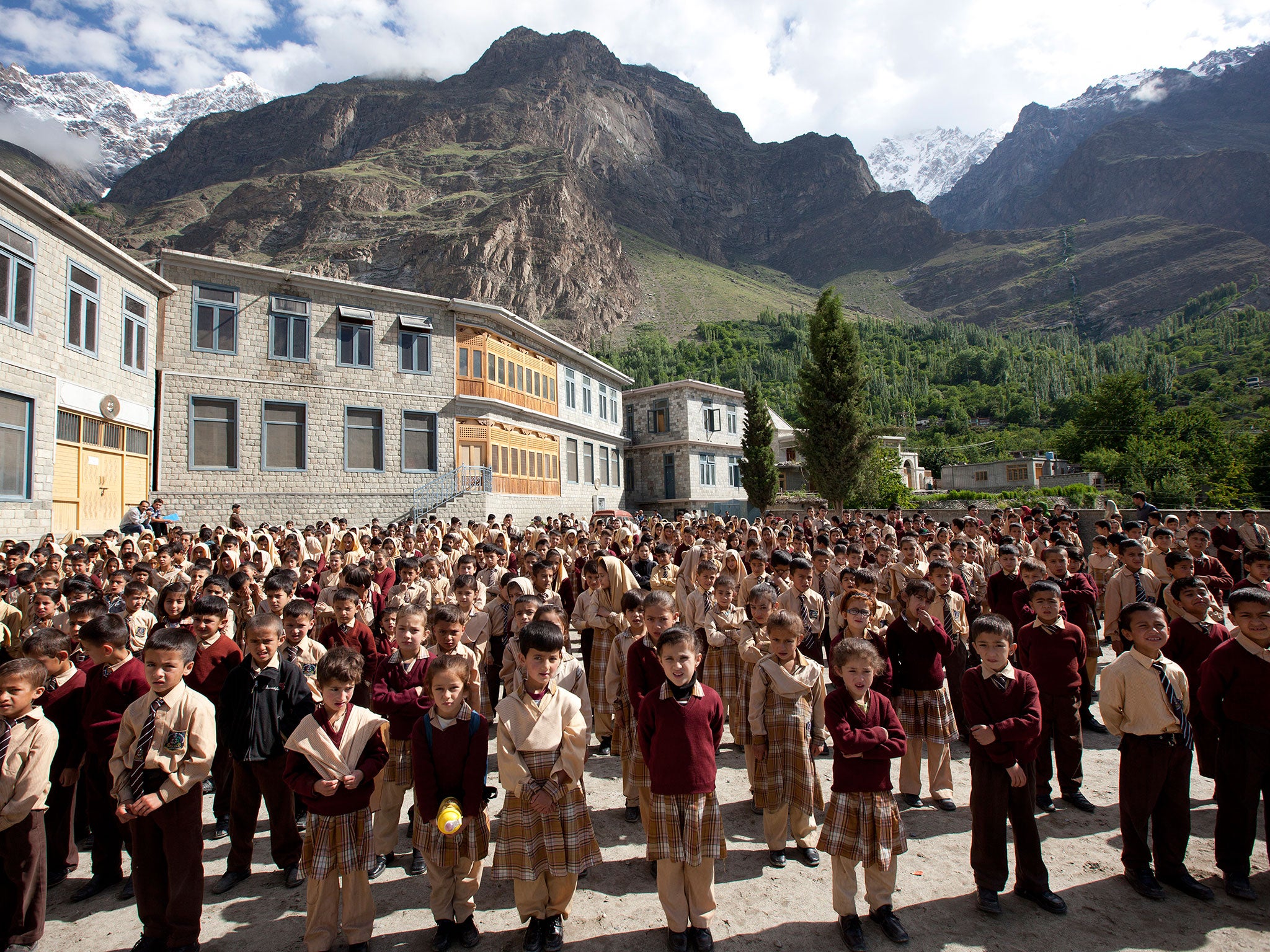 Students attend the morning assembly at Hasegawa Memorial Public School and College in Karimabad, Pakistan.