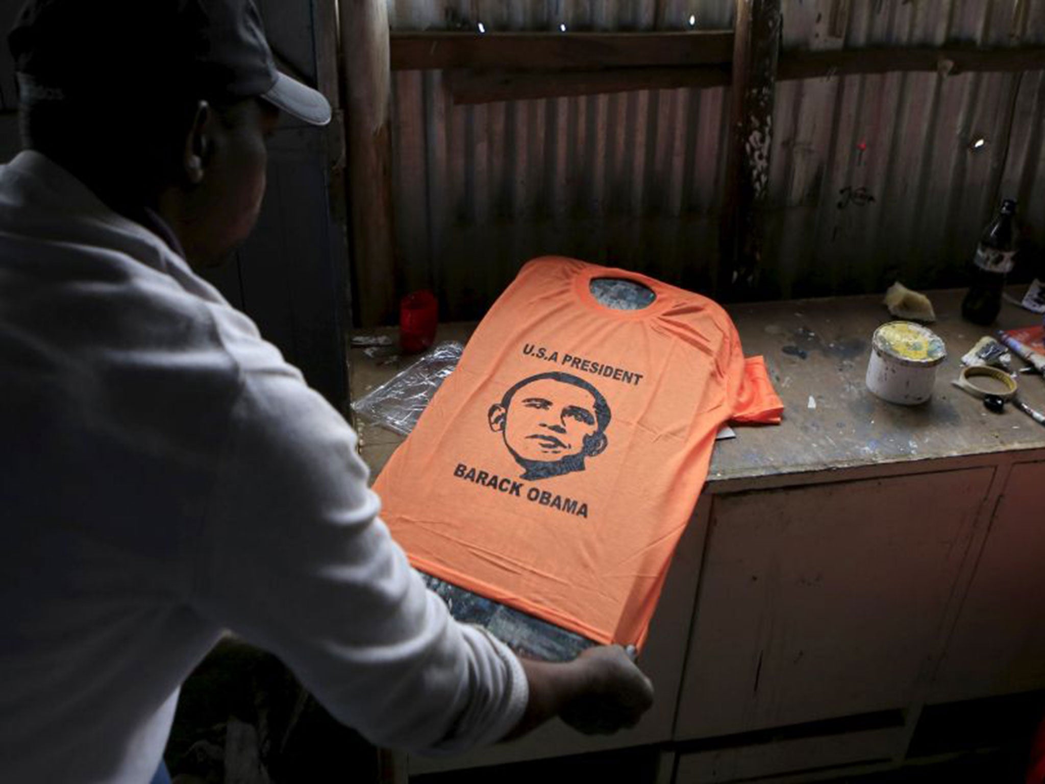 A newly finished t-shirt displaying the image of U.S. President Barack Obama is seen at a small workshop in the Kibera slums