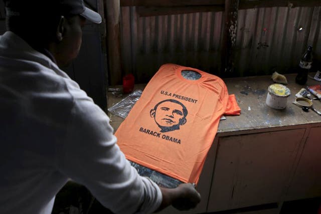 A newly finished t-shirt displaying the image of U.S. President Barack Obama is seen at a small workshop in the Kibera slums