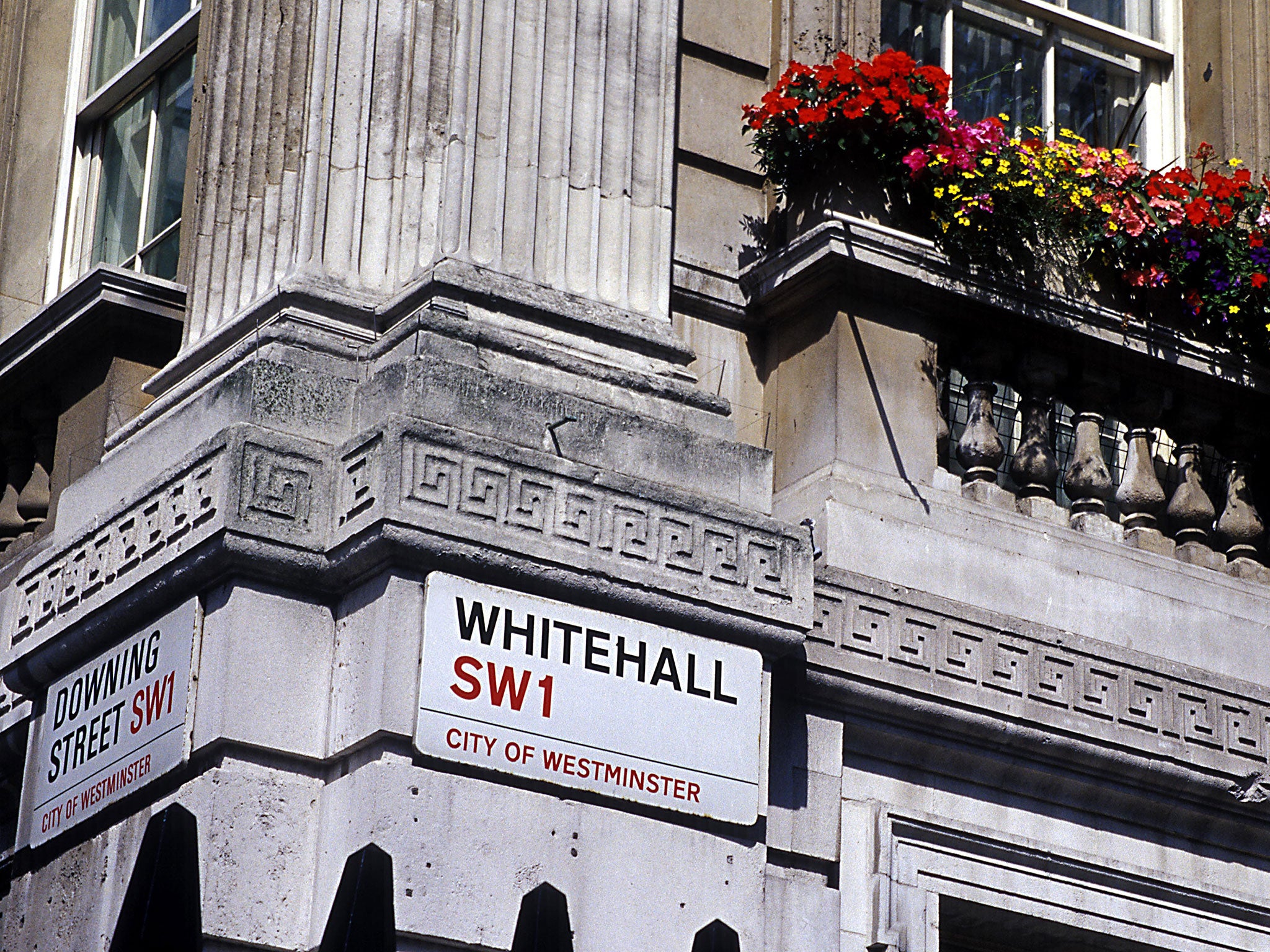 Window box above Whitehall and Downing Street junction