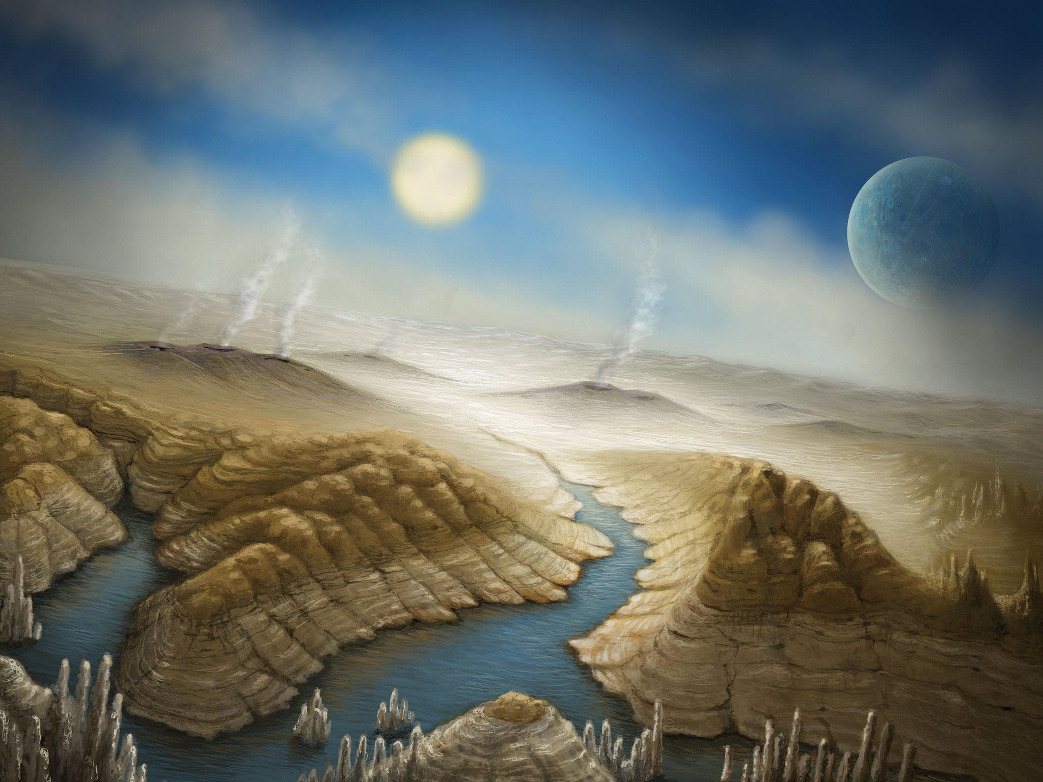 This artist's impression shows what the surface of Kepler 452b could look like, with active volcanoes and liquid water