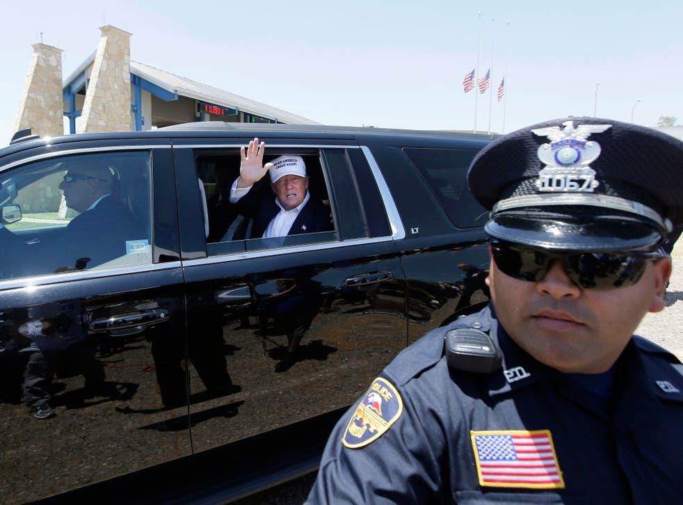 Republican candidate Donald Trump during his controversial visit to inspect the World Trade International Bridge at the border town of Laredo, Texas