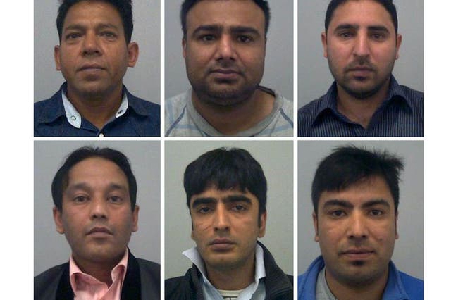 <p>Patang was paid to translate for Aylesbury abuser Taimoor Khan , bottom right, but paid a friend to stand in for him</p>