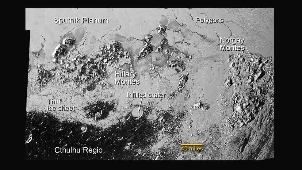 This image show the complexity of Pluto - including its icy plains, two mountain ranges, and areas where ancient craters have been overrun by newer ice deposits