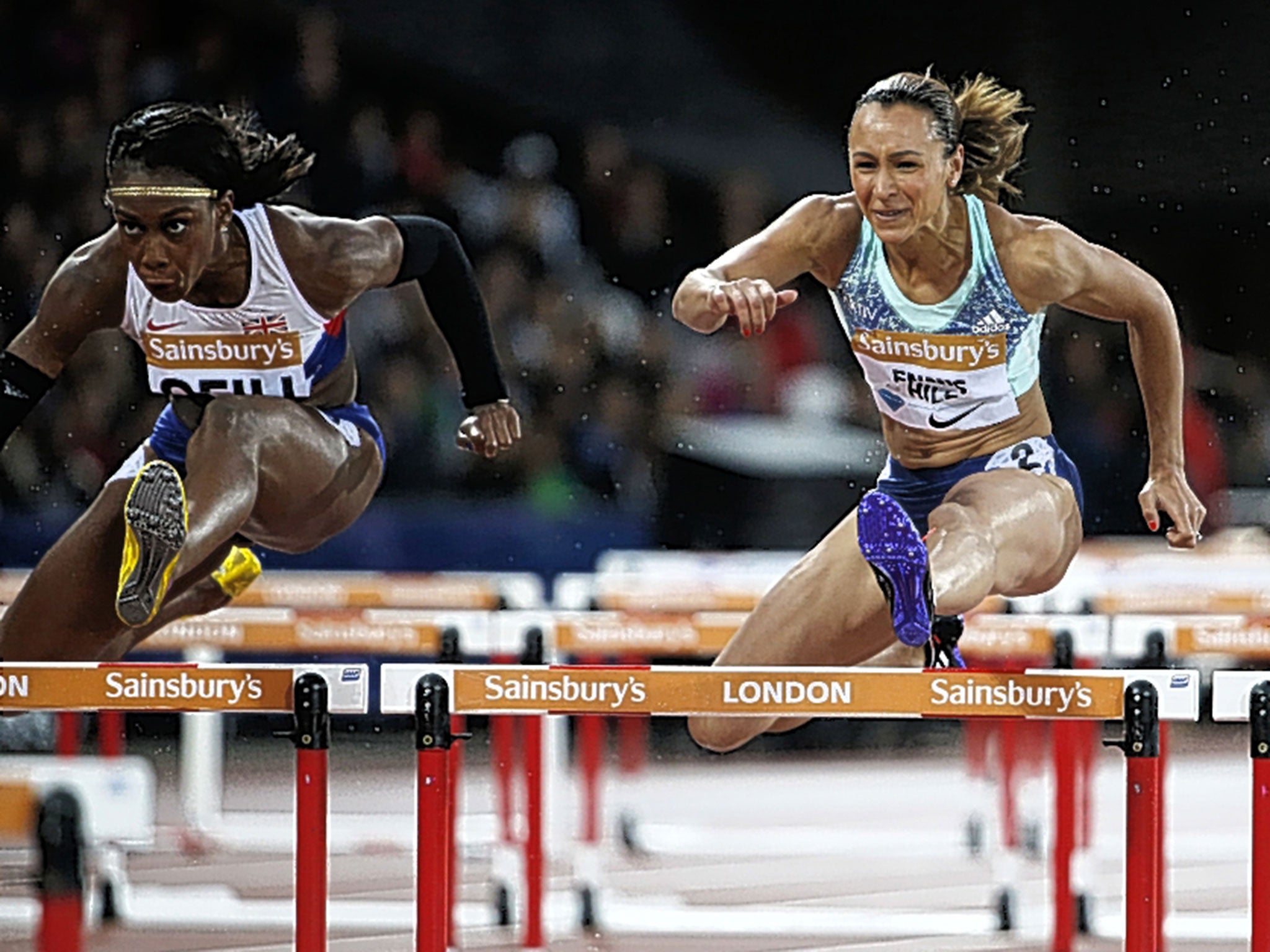 Jessica Ennis-Hill makes light work of the 100m hurdles at the Anniversary Games