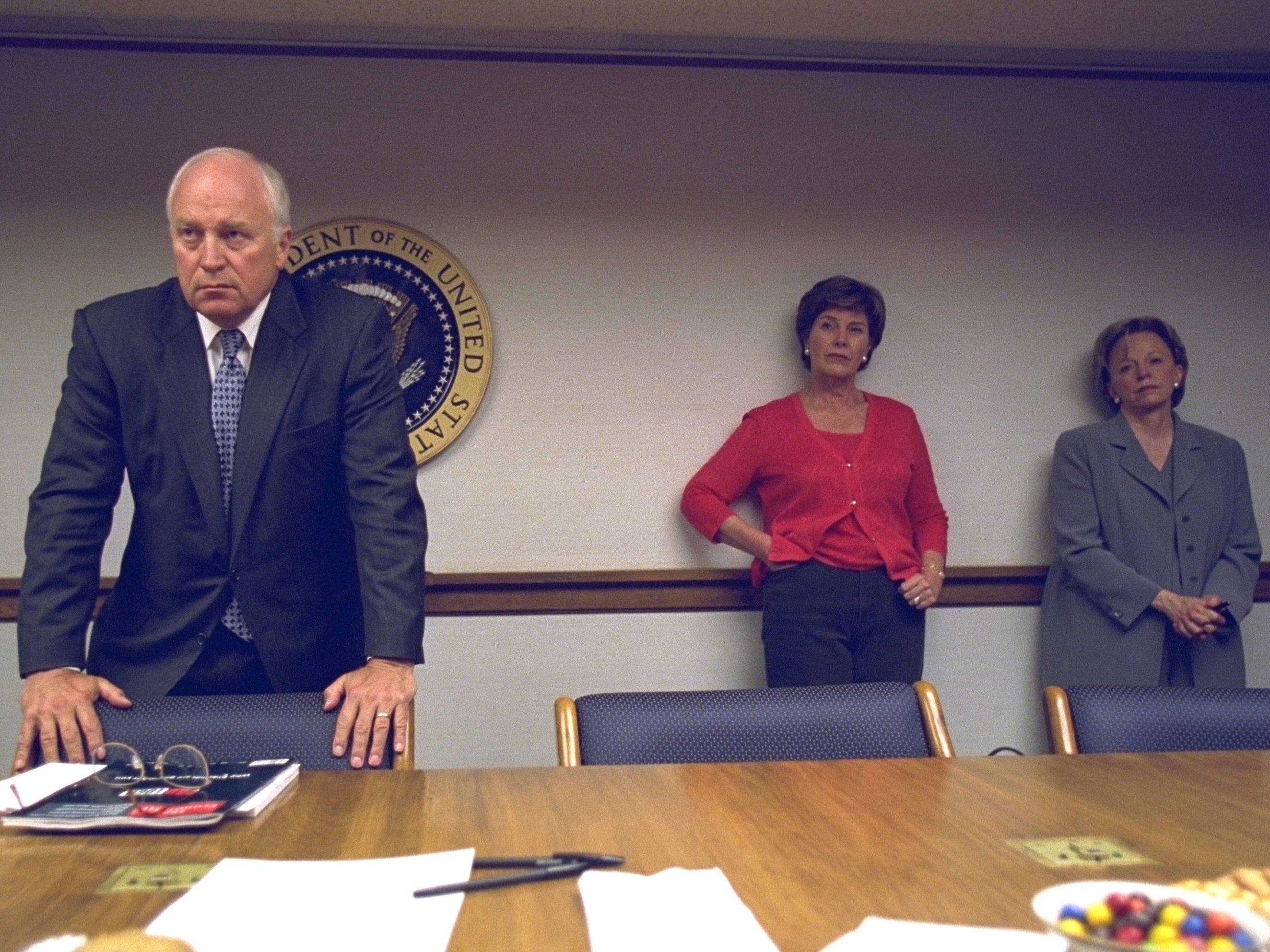 The vice-President, his wife Lynne Cheney and first lady Laura Bush during the emergency briefing