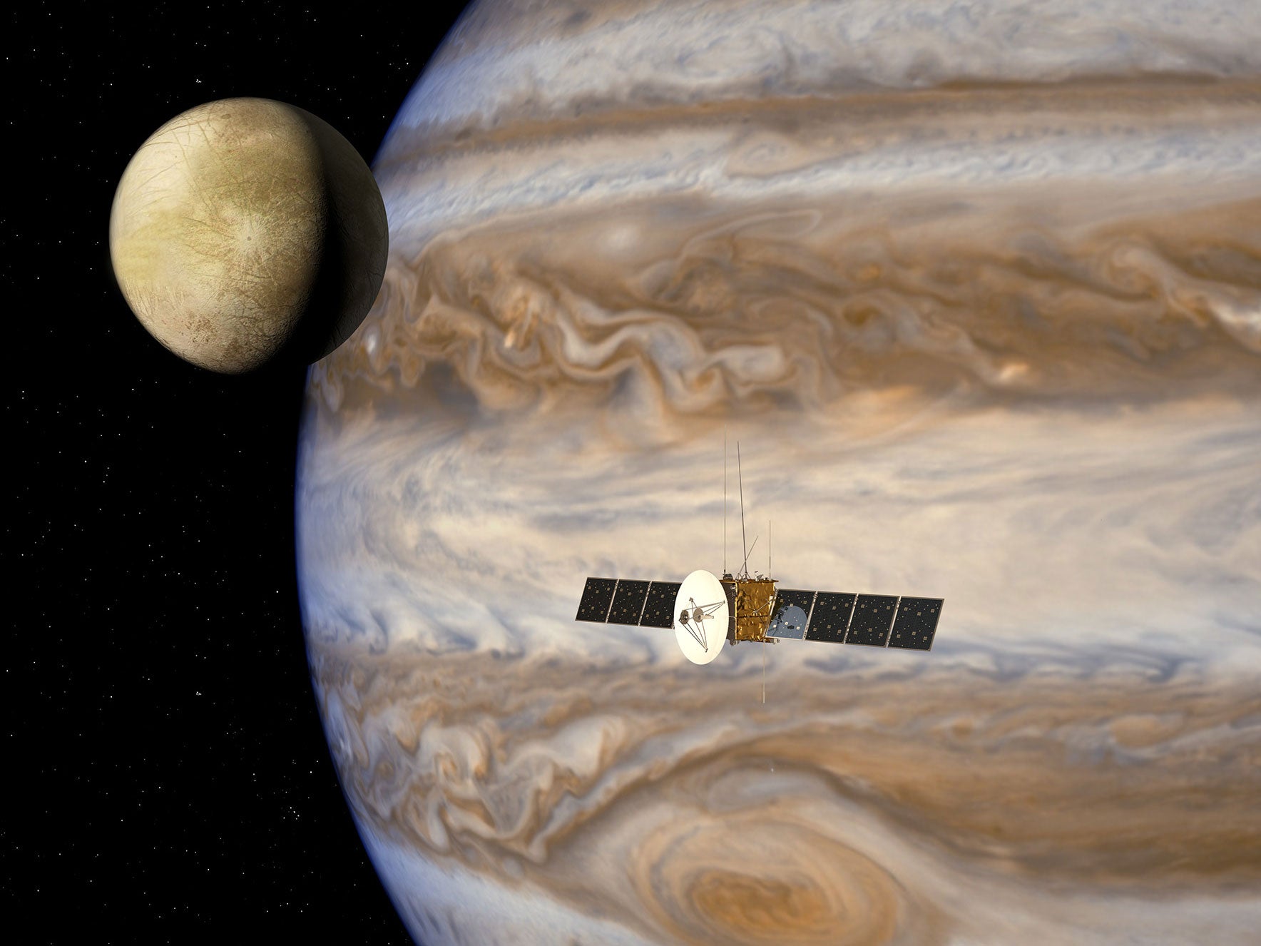 An artists' impression of Juice, the Jupiter Icy Moons Explorer, in the Jovian system