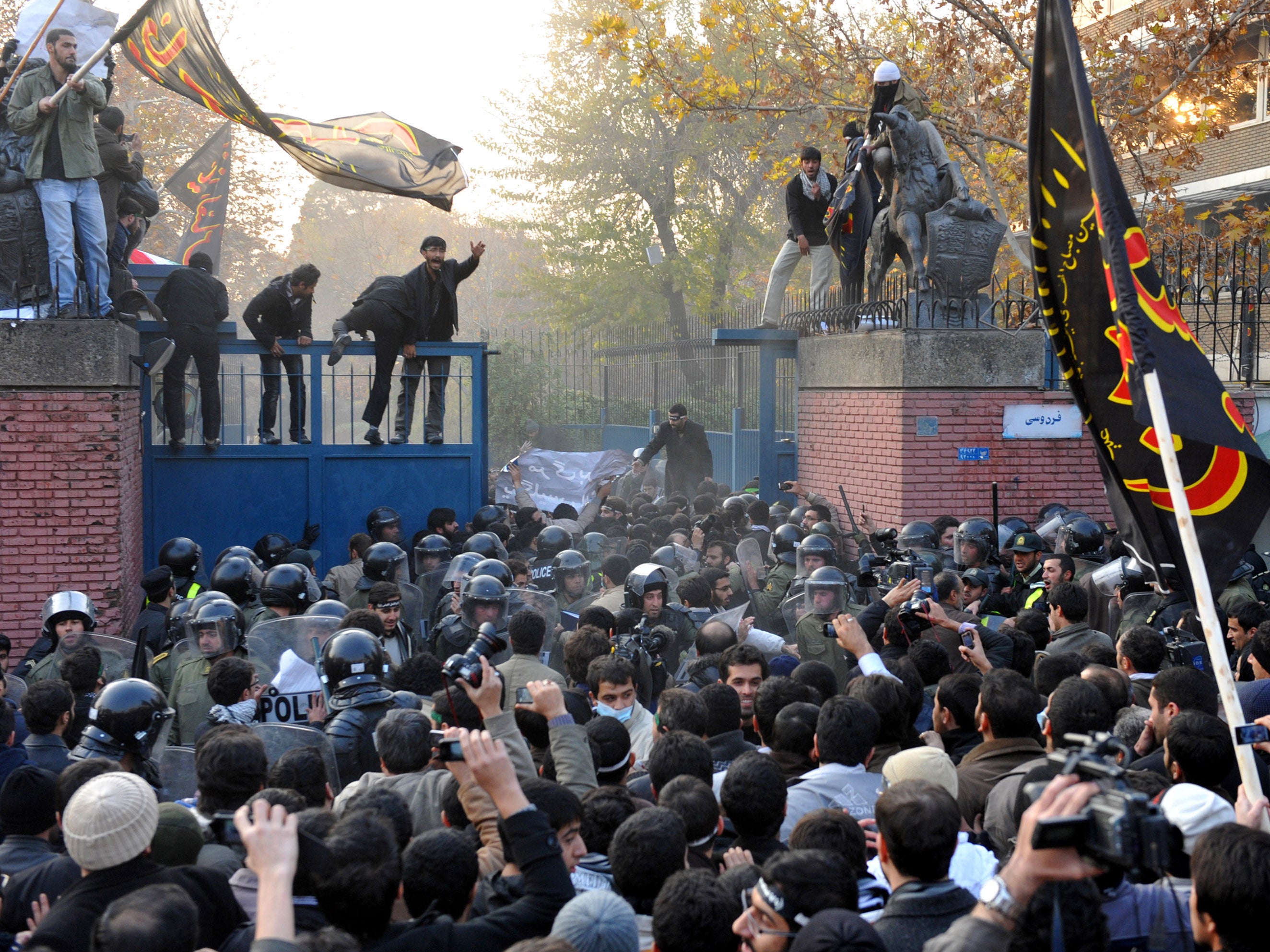 Protesters storming the British Embassy in Tehran in November 2011