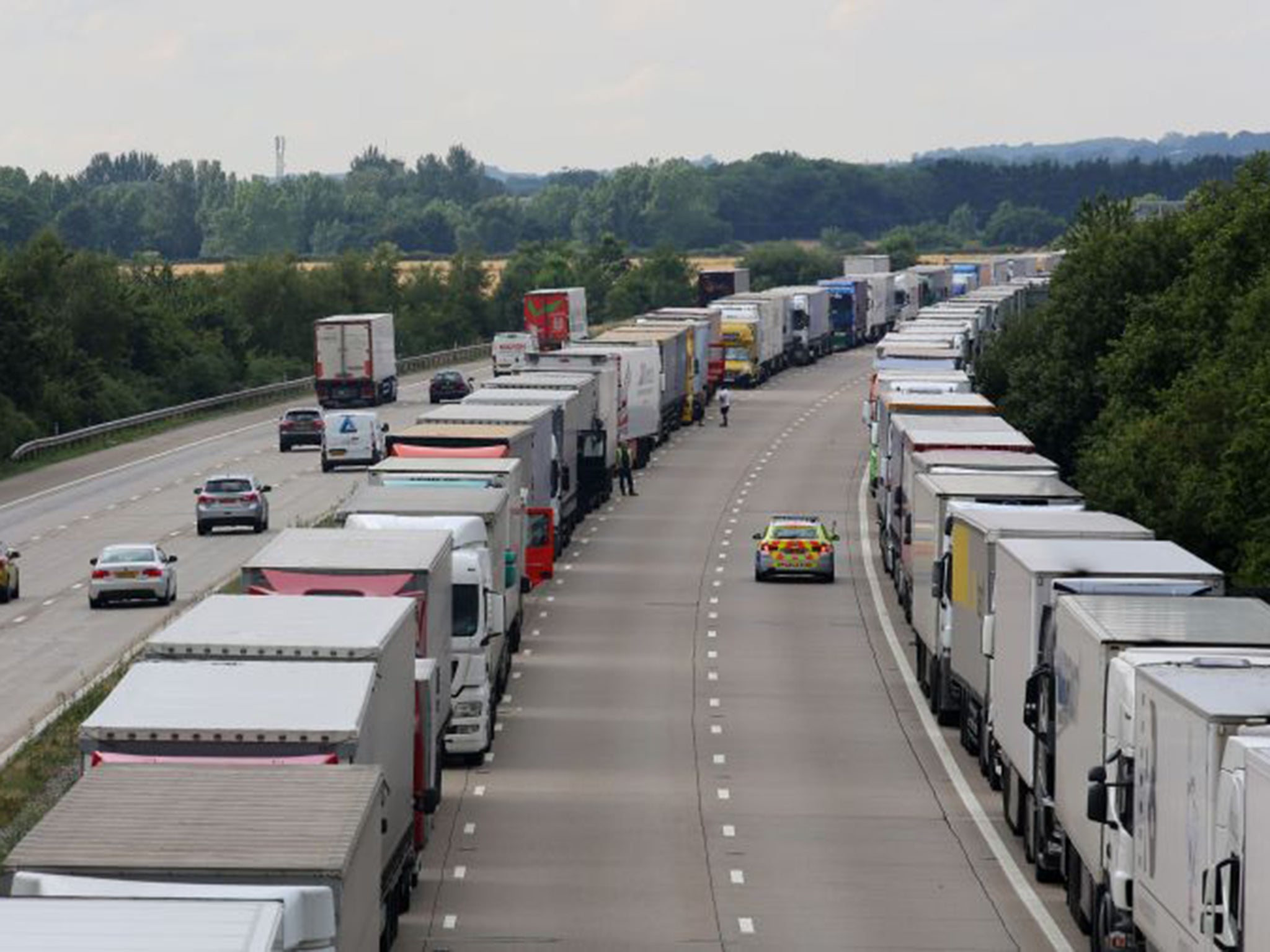 Lorries parked on the M20 in Kent as part of Operation Stack