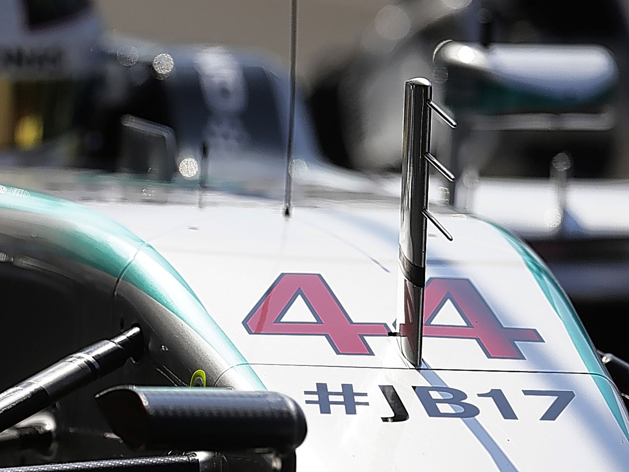 Lewis Hamilton’s car bearing the initials and race number of Jules Bianchi