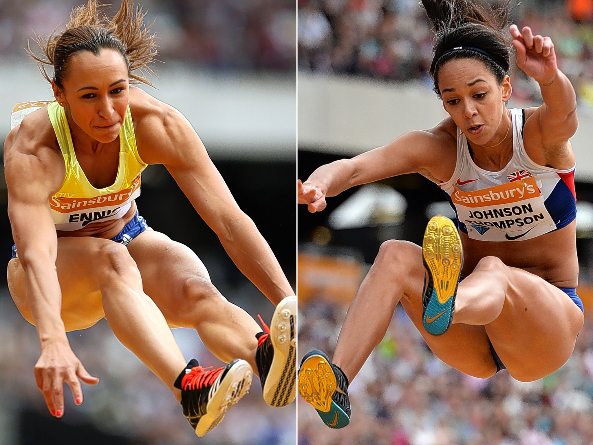 Heptathletes Jessica Ennis-Hill and Katarina Johnson-Thompson compete in the long jump