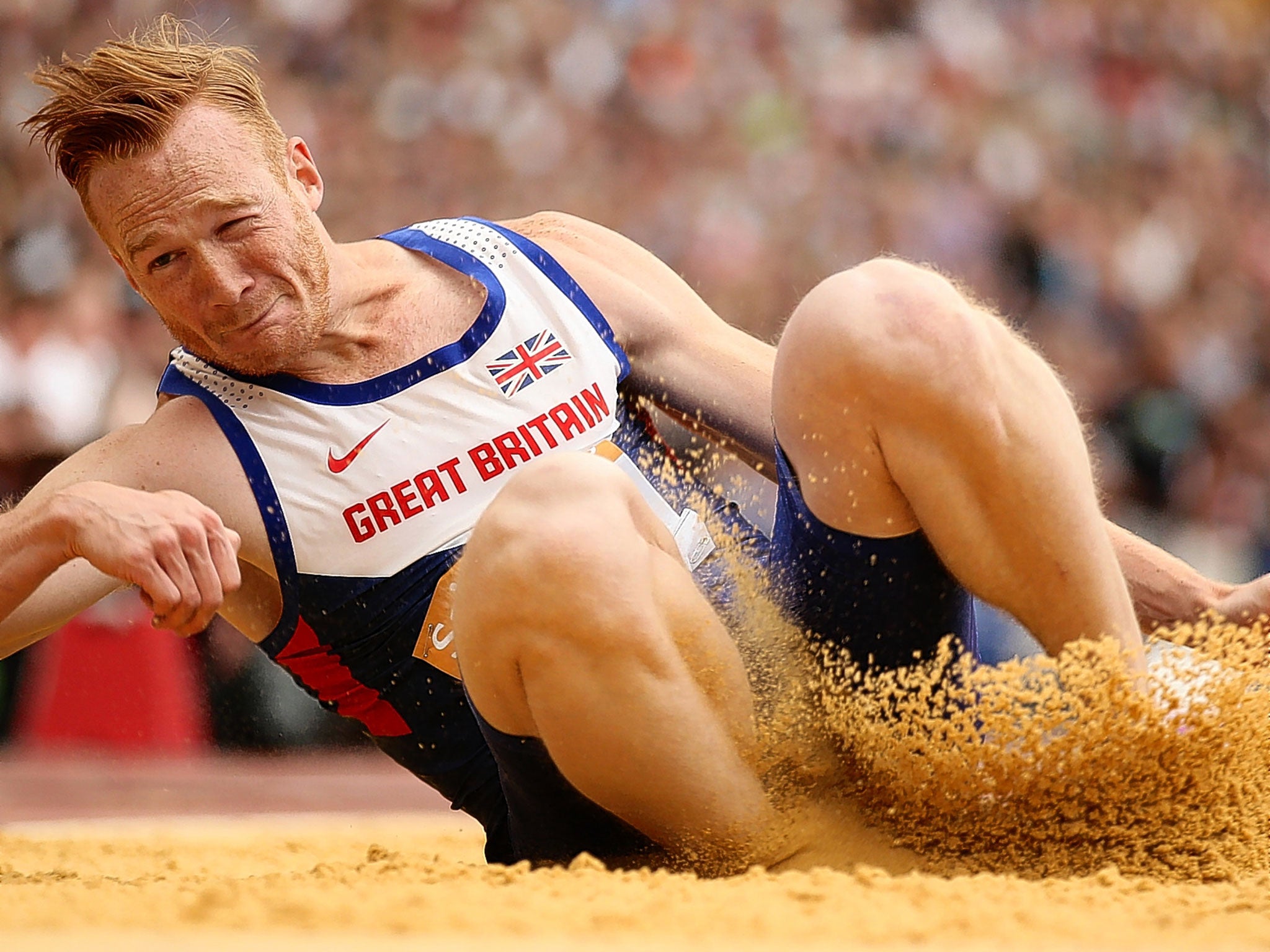 Britain’s Greg Rutherford came third in the long jump