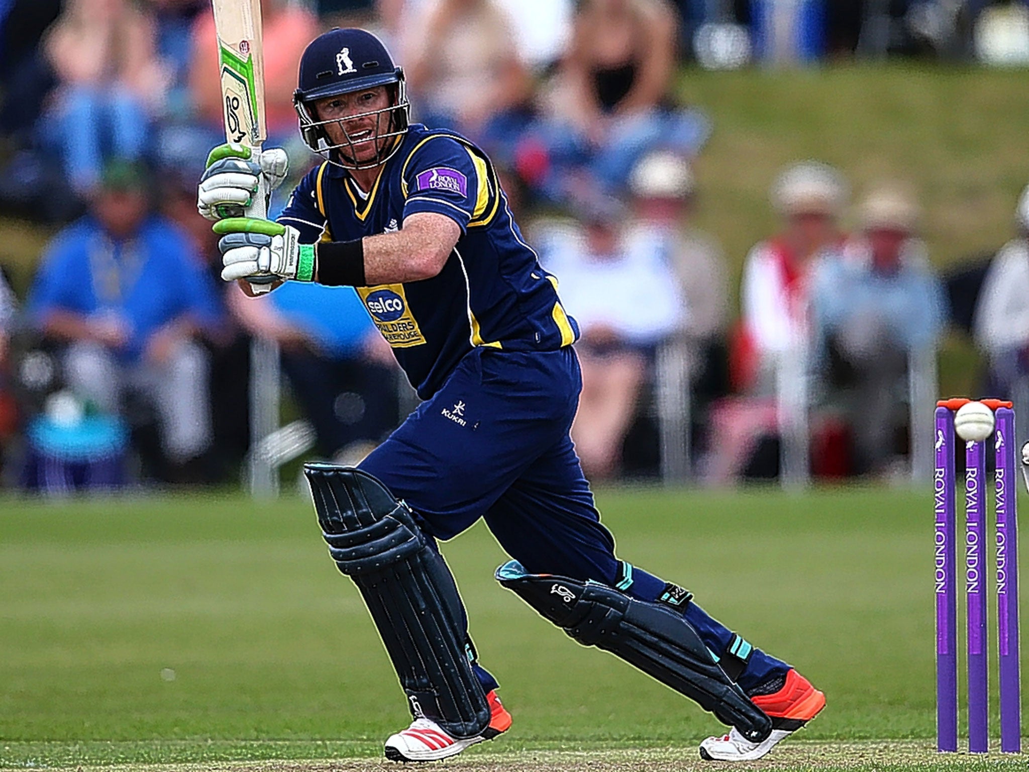 Ian Bell on his way to a half-century for Warwickshire. His move up to No 3 for England gives him responsibility on his home ground