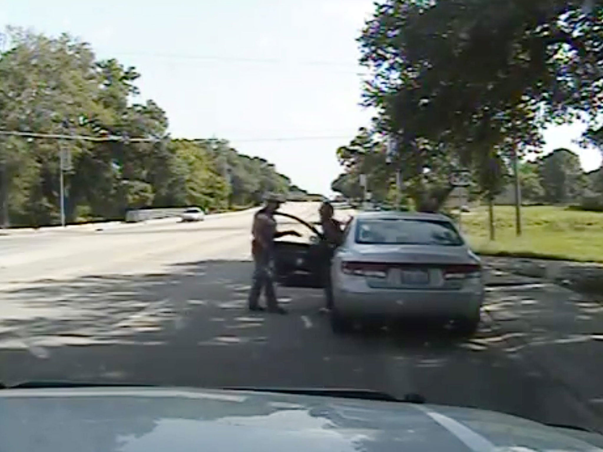 An image taken from the dash-cam video showing Sandra Bland’s arrest for traffic violations by state trooper Brian Encini